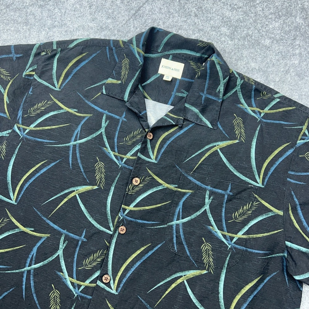 Joseph & Feiss‎ Shirt Mens 2XL Black 100% Silk Hawaiian Loop Collar Button Up